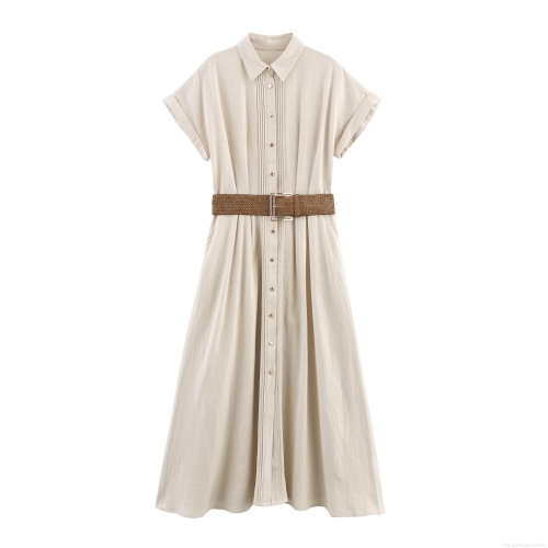 Women's Elegant Short Sleeve Shirt Dress Cotton Linen Blend Button Down Pleated Midi Dress With Belt Casual Commute Work Office Lady Summer Fashion