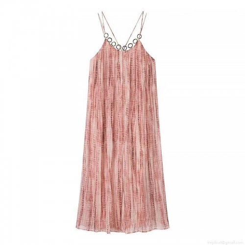 Women Sexy Tie-Dye Maxi Dress With Metal Ring Chain Detail Elegant Sleeveless V-Neck Pleated Polyester Long Dress For Party Vacation Summer