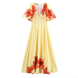 Women Elegant V-Neck Floral Print Maxi Dress Short Puff Sleeve High Waist A-Line Polyester Chiffon Long Dress For Vacation Party Summer Lady
