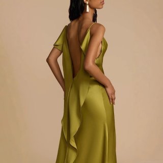 Elegant Women's Satin Maxi Dress Cowl Neck Backless Ruffle Evening Party Dress With High Slit Solid Color Sleeveless Sexy Prom Gown