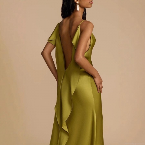 Elegant Women's Satin Maxi Dress Cowl Neck Backless Ruffle Evening Party Dress With High Slit Solid Color Sleeveless Sexy Prom Gown