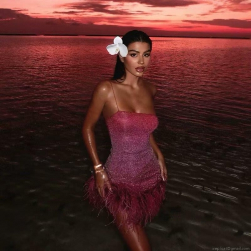 Women's Sexy Gradient Pink Purple Sequin Bodycon Mini Dress Feather Trim Spaghetti Strap Party Clubwear Slim Fit Cocktail Dress