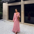 Women French Romantic Ruffle Maxi Dress Solid Pink Chiffon Long Sleeve V-Neck Loose Bohemian Vacation Elegant Tiered Flowy Party Dress