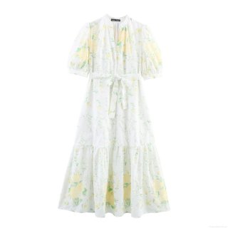 Women Elegant V-Neck Puff Short Sleeve Maxi Dress Floral Embroidery Polyester Eyelet Fabric High Waist Tie Bow Tiered Long Dress For Casual Party Vacation Summer
