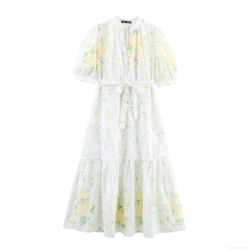 Women Elegant V-Neck Puff Short Sleeve Maxi Dress Floral Embroidery Polyester Eyelet Fabric High Waist Tie Bow Tiered Long Dress For Casual Party Vacation Summer