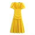 Elegant Yellow Ruched V Neck Maxi Dress Short Puff Sleeve Jacquard Texture Summer Bodycon Long Party Dress For Women