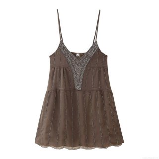 Bohemian V-Neck Sequin Beaded Cami Dress Loose Lightweight Chiffon Mini Dress For Summer Vacation Women Sexy Spaghetti Strap Dress