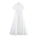 Women's Hollow Out Embroidery Maxi Dress Elegant Lapel Button Down Shirt Dress French Style White Drawstring High Waist Long Dress Summer Daily Vacation