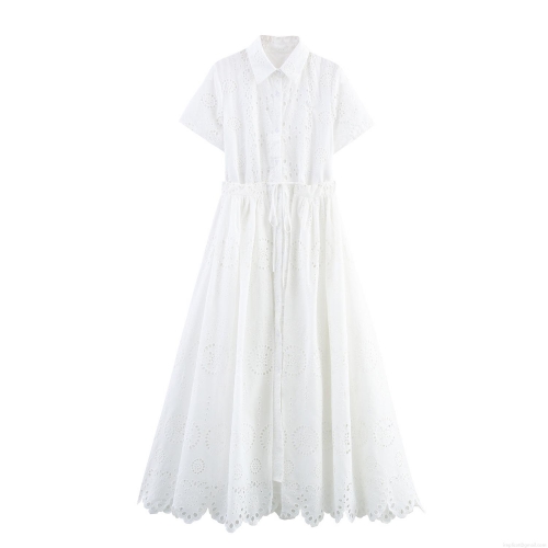 Women's Hollow Out Embroidery Maxi Dress Elegant Lapel Button Down Shirt Dress French Style White Drawstring High Waist Long Dress Summer Daily Vacation