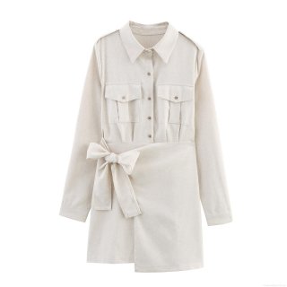 Retro Khaki Workwear Wrap Dress For Women Long Sleeve Lapel A-Line Mini Dress With Tie Waist And Pockets Autumn Winter Casual Streetwear Polyester Short Dress