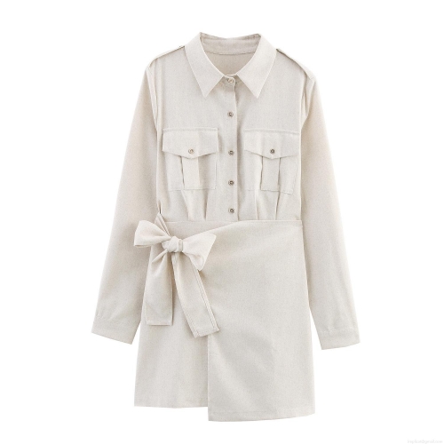 Retro Khaki Workwear Wrap Dress For Women Long Sleeve Lapel A-Line Mini Dress With Tie Waist And Pockets Autumn Winter Casual Streetwear Polyester Short Dress