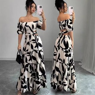 Women's Off-Shoulder Maxi Dress Tropical Leaf Print Cut-Out Waist Tiered Cake Skirt Vacation Beach Short Sleeve Smocked Polyester Long Dress