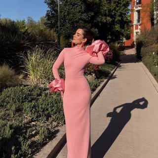 Women's Pink High Neck Bodycon Maxi Dress With Satin Ruffle Flower Cuffs Elegant Long Sleeve Formal Evening Party Wedding Guest Gown With Split Hem