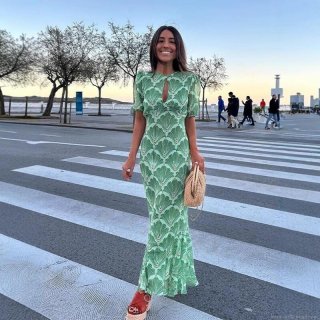 Women Floral Print Maxi Dress Chiffon Hollow Out Backless Puff Sleeve Resort Style Green Long Dresses For Summer Vacation