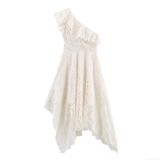 Elegant One Shoulder Lace Maxi Dress Ruffle Irregular Hem White Bohemian Sleeveless Long Dress For Women Wedding Party Evening Occasion Wear