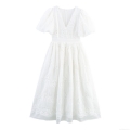 Elegant French Pastoral White Embroidered Maxi Dress With Puff Sleeves V-Neck Hollow Out Lace A-Line Long Dress For Women Summer Vacation Party