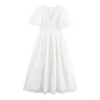 Elegant French Pastoral White Embroidered Maxi Dress With Puff Sleeves V-Neck Hollow Out Lace A-Line Long Dress For Women Summer Vacation Party