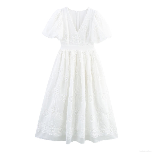 Elegant French Pastoral White Embroidered Maxi Dress With Puff Sleeves V-Neck Hollow Out Lace A-Line Long Dress For Women Summer Vacation Party