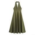 Women Halter Neck Maxi Dress Backless High Waist Elegant Solid Color Pleated Swing Long Dress With Decorative Buttons Polyester Sleeveless Evening Party Dress For Women