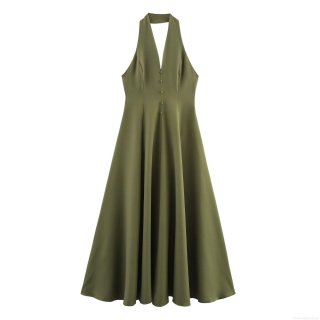 Women Halter Neck Maxi Dress Backless High Waist Elegant Solid Color Pleated Swing Long Dress With Decorative Buttons Polyester Sleeveless Evening Party Dress For Women