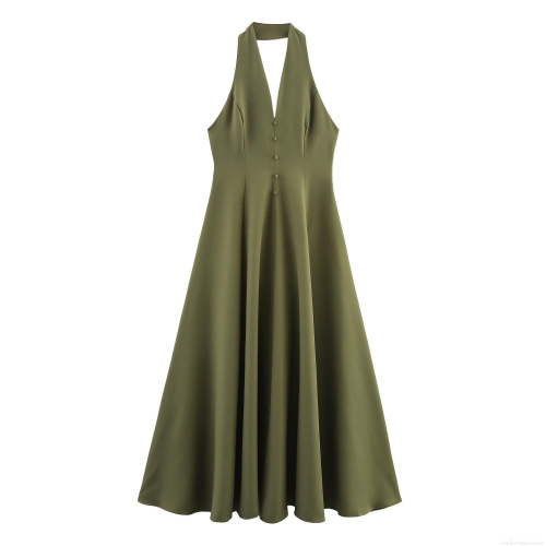 Women Halter Neck Maxi Dress Backless High Waist Elegant Solid Color Pleated Swing Long Dress With Decorative Buttons Polyester Sleeveless Evening Party Dress For Women