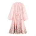 Elegant Pink Floral Embroidered Long Sleeve Maxi Dress Sweet Stand Collar Chiffon A-Line Dress With Ribbon Tie And Pearl Buttons For Women Party Wear