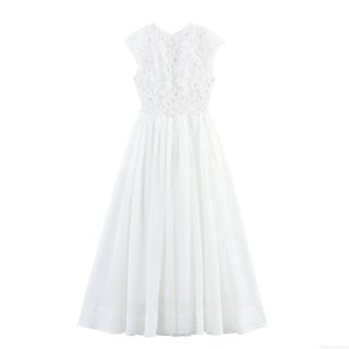 Elegant White Lace Patchwork Maxi Dress Women Round Neck Backless Sleeveless High Waist Hollow Out Chiffon Long Dress Bohemian Forest Style Party Wedding Evening Ball Gown