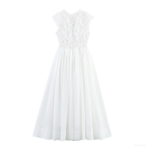 Elegant White Lace Patchwork Maxi Dress Women Round Neck Backless Sleeveless High Waist Hollow Out Chiffon Long Dress Bohemian Forest Style Party Wedding Evening Ball Gown