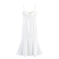 Elegant Women Cowl Neck Pearl Strap Maxi Dress White Polyester Satin Slim Fit Fishtail Long Dress For Wedding Party Banquet Evening Socialite Formal Occasion
