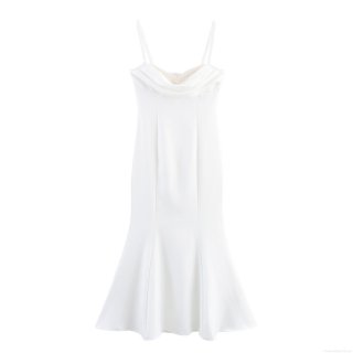 Elegant Women Cowl Neck Pearl Strap Maxi Dress White Polyester Satin Slim Fit Fishtail Long Dress For Wedding Party Banquet Evening Socialite Formal Occasion