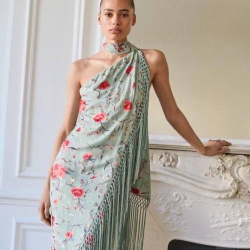 Elegant Light Blue Floral Print Satin Maxi Dress One Shoulder Fringe Halter Long Gown With Choker For Women Summer Resort Party