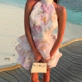 Women's Halter Neck Mini Dress Floral Print Backless Layered Cake Ruffle Dress Elegant Sweet Sleeveless Summer Beach Party Short Sun Dress