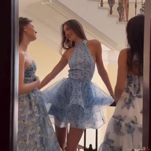 Women's Light Blue Floral Organza Halter Dress Elegant Backless Tiered Cake Mini Dress With Bow Ruffle Summer Vacation Dress For Women