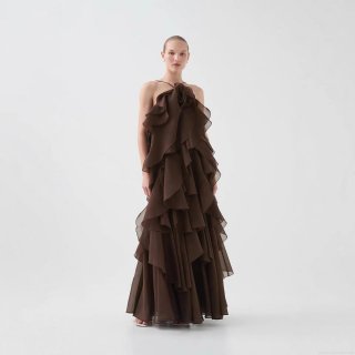 Elegant Women Halter Neck Ruffle Maxi Dress 3D Flower Decor Tiered Backless 100% Polyester Dress For Party Evening Wedding