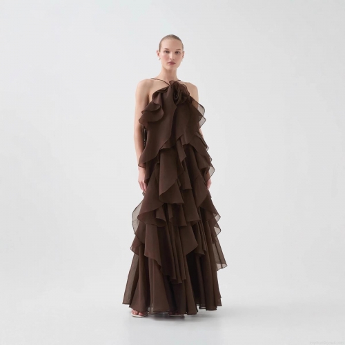 Elegant Women Halter Neck Ruffle Maxi Dress 3D Flower Decor Tiered Backless 100% Polyester Dress For Party Evening Wedding