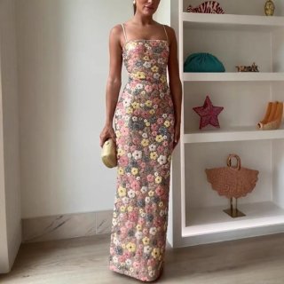 Women's Sexy Sequin Floral Sling Maxi Dress Elegant Slim Fit Party Evening Long Gown Champagne Sleeveless Celebrity Style Dresses