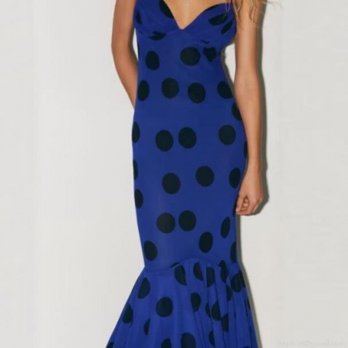 Women Vintage Polka Dot Chiffon Maxi Dress Spaghetti Strap Backless Mermaid Hem Tiered Ruffle V-Neck Sexy Bodycon Long Dress for Party Vacation