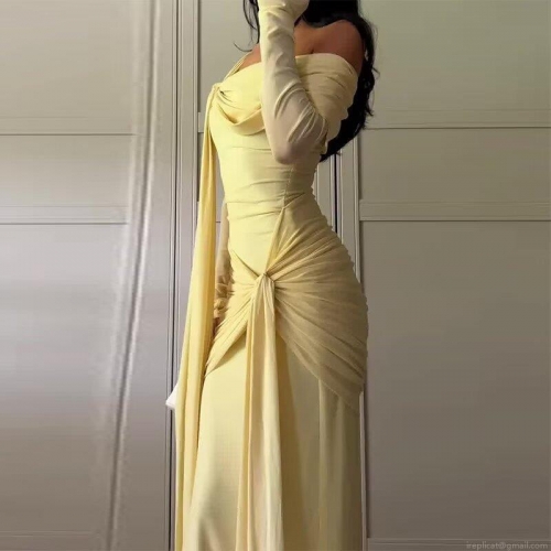 Women Elegant Sexy Off-The-Shoulder Ruched Knot Maxi Dress Slim Fit Long Sleeve Solid Color Polyester Formal Evening Gown Party Long Dress