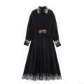 Women Elegant Black Embroidery Maxi Dress With Belt Turn-down Collar Long Sleeve Polyester Dress Office Commute Ladies Fashion Chic Dress