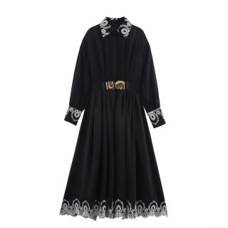 Women Elegant Black Embroidery Maxi Dress With Belt Turn-down Collar Long Sleeve Polyester Dress Office Commute Ladies Fashion Chic Dress