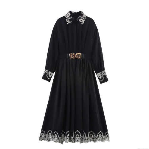 Women Elegant Black Embroidery Maxi Dress With Belt Turn-down Collar Long Sleeve Polyester Dress Office Commute Ladies Fashion Chic Dress