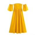 Women's Elegant Off-Shoulder Puff Sleeve Maxi Dress High Waist Solid Color Polyester Summer Commuter Long Dress