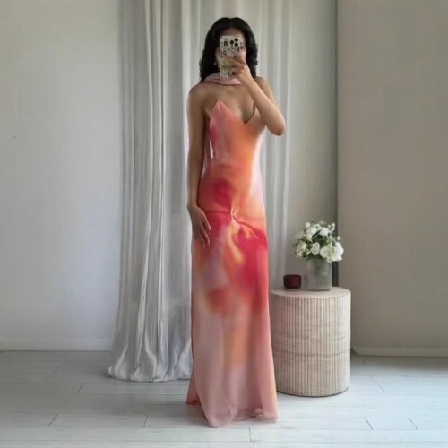 Elegant Halter Neck Maxi Dress Women Sweet Tie-Dye Gradient Satin Backless Long Slip Dress Scarf Collar Sexy Evening Party Summer
