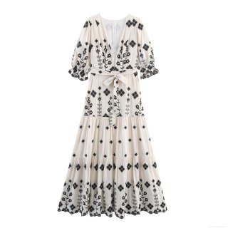 Women V-Neck Embroidered Maxi Dress Bohemian Ethnic Style Lantern Sleeve Tiered Long Dress With Waist Tie Casual Vacation Beach Gown