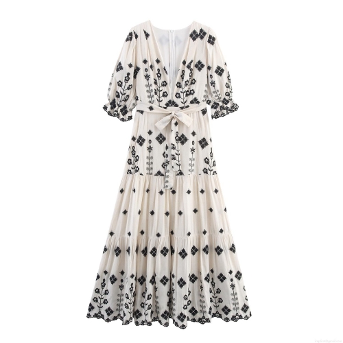 Women V-Neck Embroidered Maxi Dress Bohemian Ethnic Style Lantern Sleeve Tiered Long Dress With Waist Tie Casual Vacation Beach Gown