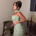 Women's Sage Green Satin Halter Neck Maxi Dress Elegant Ruched Corset Fishbone Long Prom Evening Gown Formal Party Wedding Guest Dress