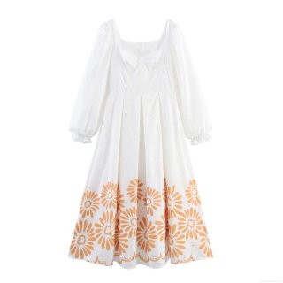 Women's Square Neck Eyelet Embroidery Maxi Dress With Puff Sleeves Bohemian Orange Sunflower Print Elegant White Floral Long Dress For Vacation Party
