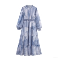 Women's Boho Chiffon Maxi Dress Smocked Waist Long Sleeve Patchwork Tie Dye Tiered Cake Skirt Stand Collar Elegant Vacation Beach Holiday Long Gown