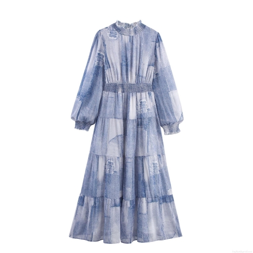 Women's Boho Chiffon Maxi Dress Smocked Waist Long Sleeve Patchwork Tie Dye Tiered Cake Skirt Stand Collar Elegant Vacation Beach Holiday Long Gown