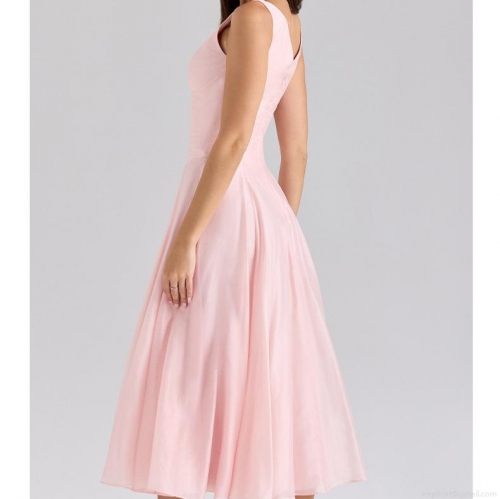 Women's Elegant Pink Sleeveless V-Neck Maxi Dress Polyester Solid Color Slim Fit Button Decor High Waist Summer Party Long Dresses